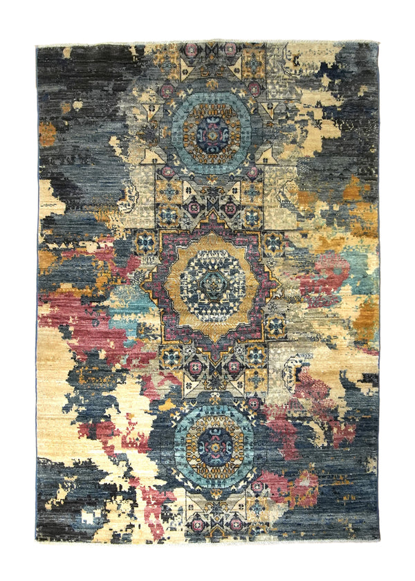 A35648 Oriental Rug Pakistani Handmade Area Transitional Modern 4'0'' x 6'0'' -4x6- Blue Yellow Gold Mamluk Abstract Design