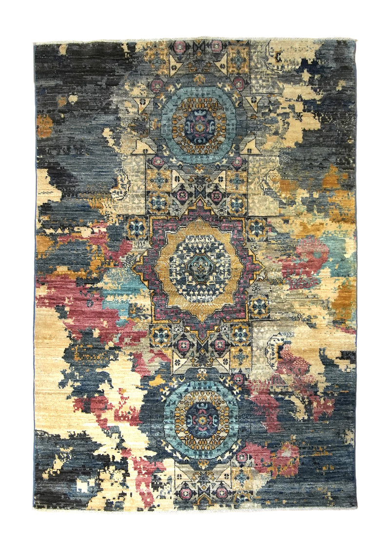 A35648 Oriental Rug Pakistani Handmade Area Transitional Modern 4'0'' x 6'0'' -4x6- Blue Yellow Gold Mamluk Abstract Design
