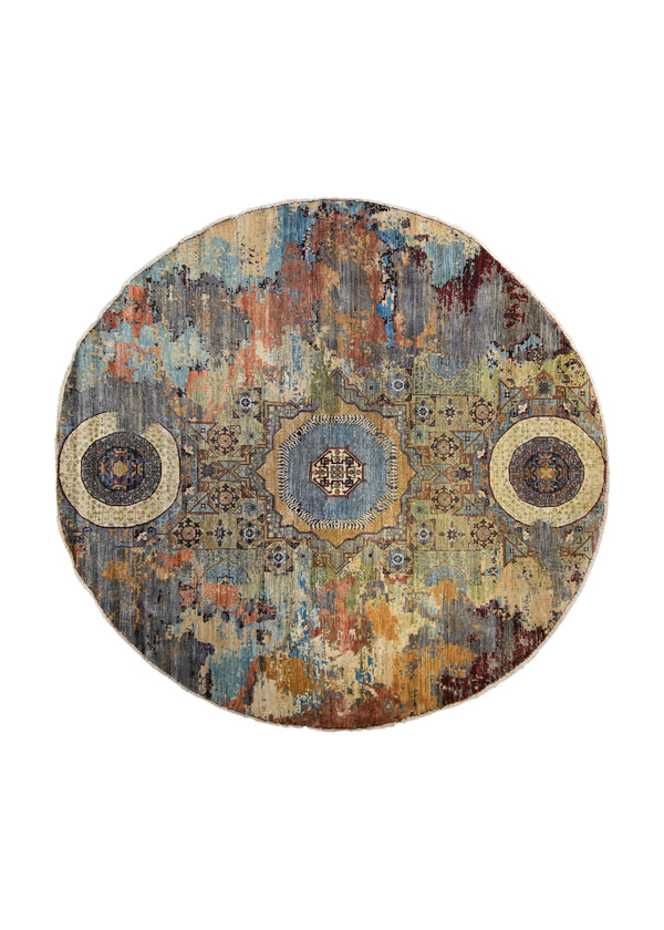 A35649 Oriental Rug Pakistani Handmade Round Transitional Modern 7'9'' x 8'3'' -8x8- Blue Multi-color Mamluk Abstract Design