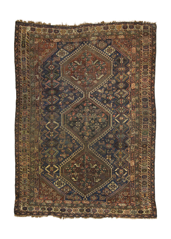 A35654 Persian Rug Shiraz Handmade Area Antique Tribal 6'9'' x 9'5'' -7x9- Blue Brown Geometric Design