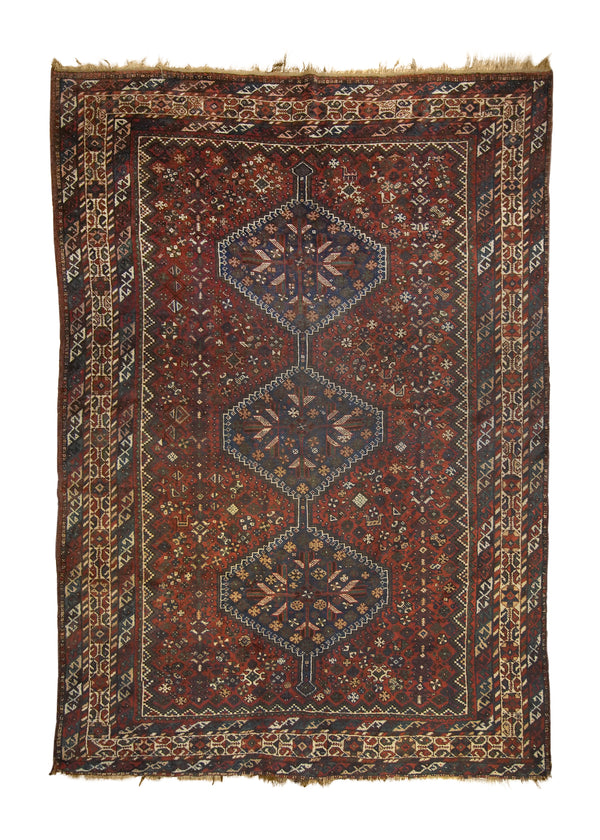 A35655 Persian Rug Shiraz Handmade Area Antique Tribal 7'2'' x 10'3'' -7x10- Blue Geometric Design