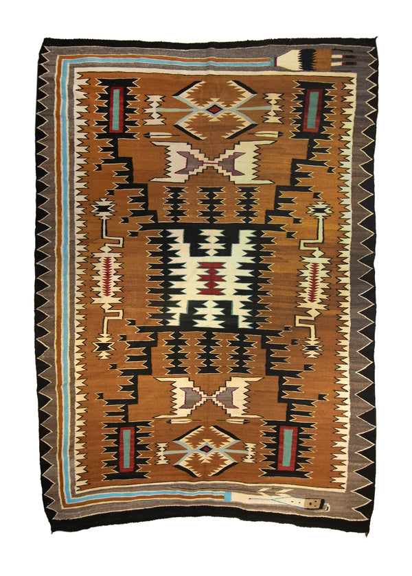 A35658 Native American Rug Navajo Handmade Area Antique Tribal 6'7'' x 9'9'' -7x10- Brown Whites Beige Black Geometric Storm Design