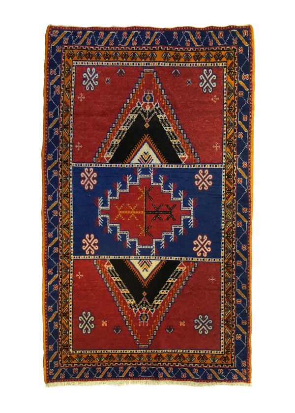A35661 Oriental Rug Moroccan Handmade Area Tribal 3'9'' x 6'4'' -4x6- Red Blue Geometric Design