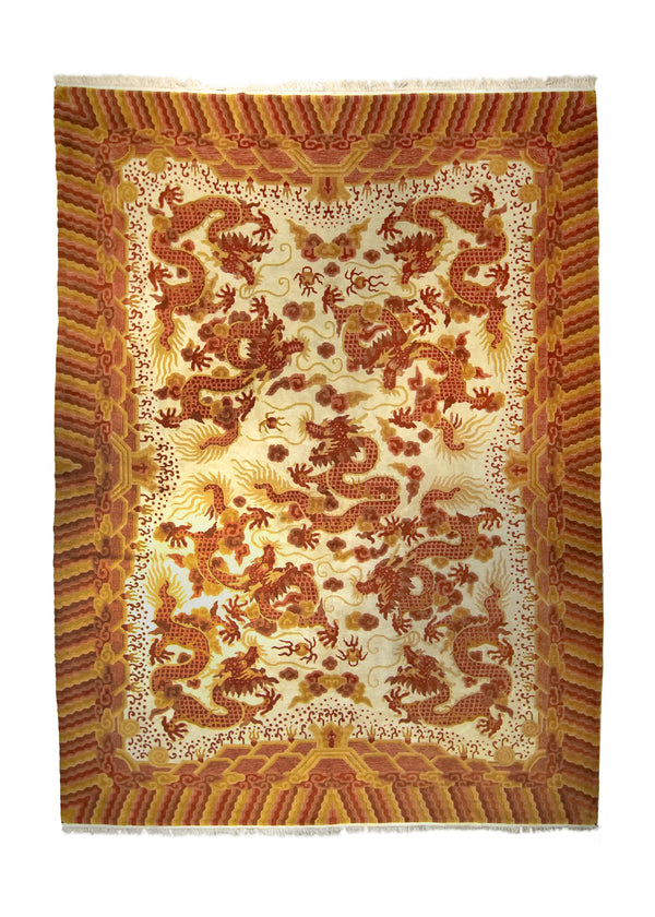 A35670 Oriental Rug Chinese Handmade Area Traditional 8'12'' x 12'2'' -9x12- Red Yellow Gold Pictorial Art Deco Dragon Design