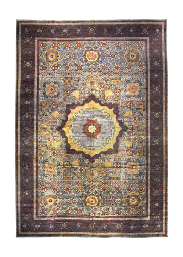 A35673 Oriental Rug Pakistani Handmade Area Transitional Tribal 12'4'' x 17'8'' -12x18- Gray Yellow Gold Purple Mamluk Nooristan Design