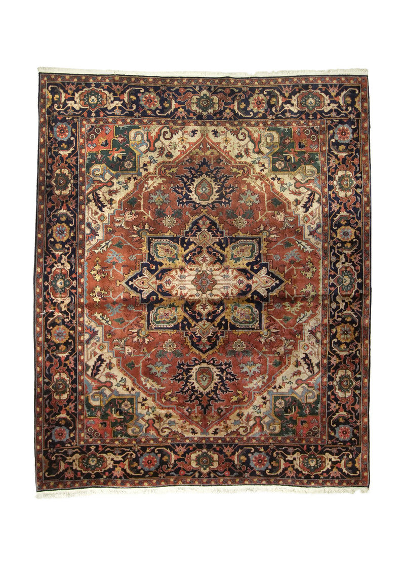 A35695 Oriental Rug Indian Handmade Area Vintage Tribal 8'0'' x 9'9'' -8x10- Red Green Geometric Heriz Design.jpg