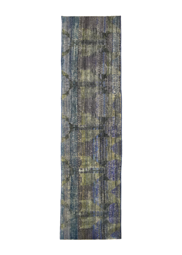 A35701 Oriental Rug Indian Handmade Runner Modern 2'5'' x 8'11'' -2x9- Yellow Gold Purple Gray Abstract Erased Design