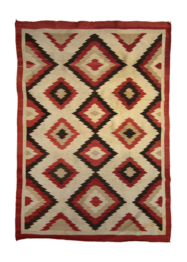 A35717 Native American Rug Navajo Handmade Area Antique Tribal 3'11'' x 5'7'' -4x6- Black Red Whites Beige Geometric Eye Dazzler Design