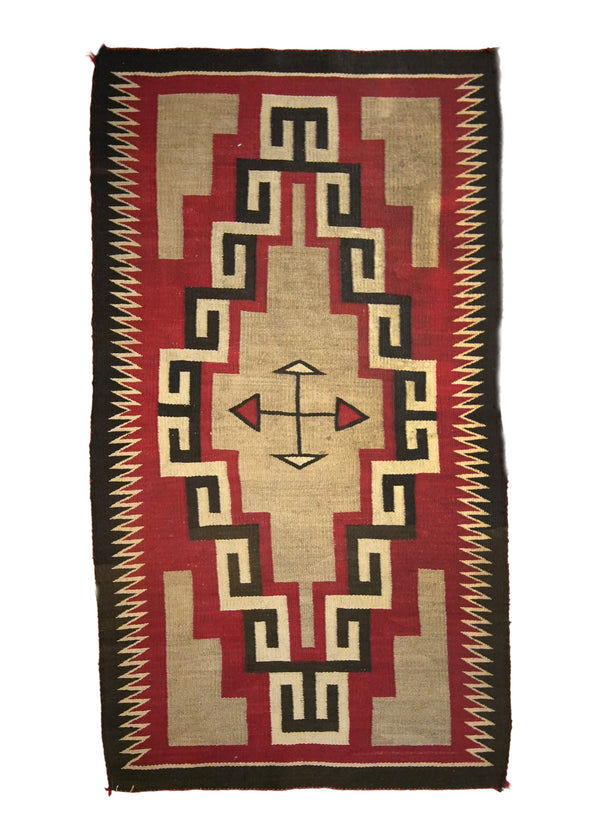 A35718 Native American Rug Navajo Handmade Area Antique Tribal 2'11'' x 5'1'' -3x5- Black Red Whites Beige Geometric Two Gray Hills Design