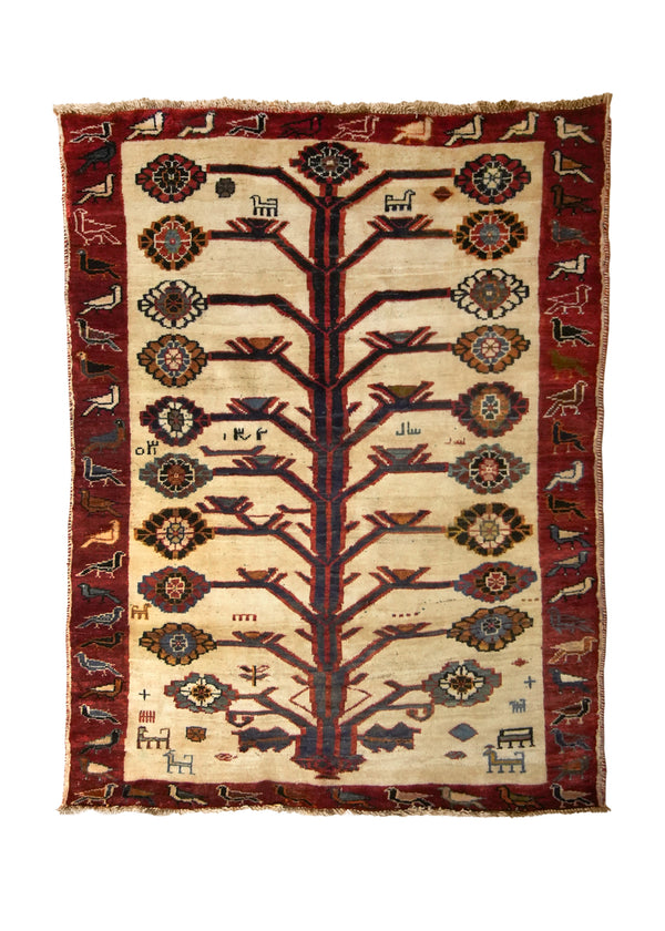 A35722 Persian Rug Ghashghaei Handmade Area Tribal 4'3'' x 5'10'' -4x6- Whites Beige Red Tree of Life Animals Design