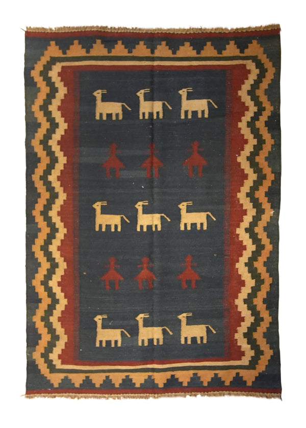 A35724 Persian Rug Ghashghaei Handmade Area Tribal 4'11'' x 6'10'' -5x7- Blue Geometric Animals Kilim Design