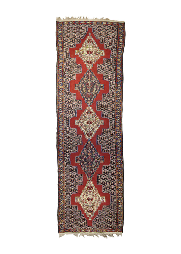 A35725 Persian Rug Sanandaj Handmade Area Tribal 3'2'' x 10'2'' -3x10- Red Blue Geometric Kilim Design