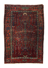 A35738 Persian Rug Hamadan Handmade Area Antique Tribal 4'3'' x 6'6'' -4x7- Red Geometric Design