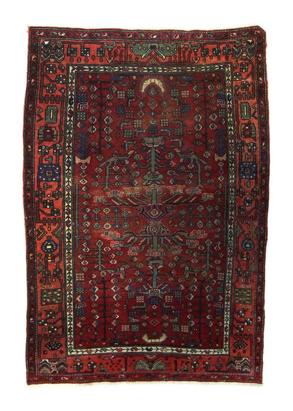 A35738 Persian Rug Hamadan Handmade Area Antique Tribal 4'3'' x 6'6'' -4x7- Red Geometric Design