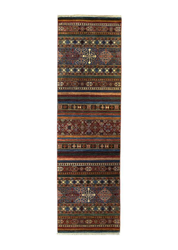 A35742 Oriental Rug Pakistani Handmade Runner Transitional Tribal 2'8'' x 9'2'' -3x9- Green Red Multi-color Stripes Southwest Khorjin Design