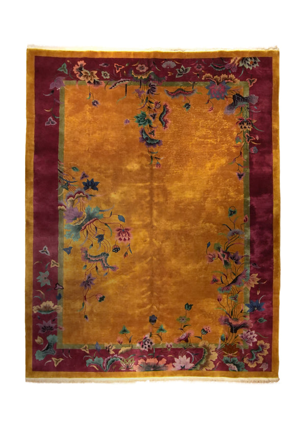 A35762 Oriental Rug Chinese Handmade Area Antique Traditional 8'11'' x 11'6'' -9x12- Yellow Gold Pink Floral Art Deco Design