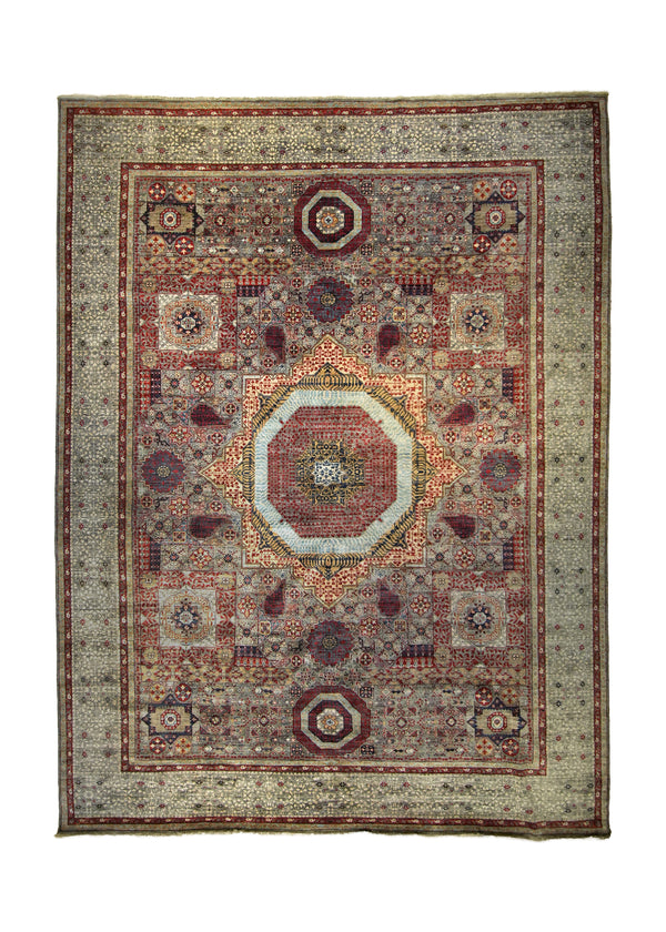 A35770 Oriental Rug Pakistani Handmade Area Transitional Tribal 9'1'' x 12'3'' -9x12- Green Multi-color Geometric Mamluk Design