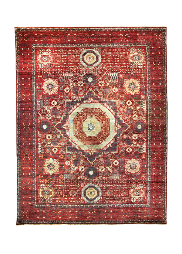 A35771 Oriental Rug Pakistani Handmade Area Transitional Tribal 8'9'' x 11'10'' -9x12- Green Multi-color Geometric Mamluk Design
