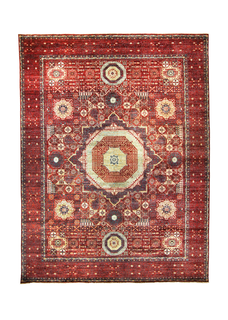 A35771 Oriental Rug Pakistani Handmade Area Transitional Tribal 8'9'' x 11'10'' -9x12- Green Multi-color Geometric Mamluk Design
