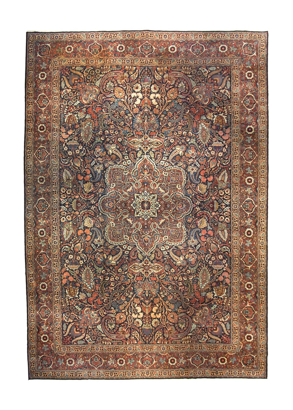 A35779 Persian Rug Kashan Handmade Area Antique Traditional 13'2'' x 18'2'' -13x18- Blue Red Floral Toranj Mehrab Design
