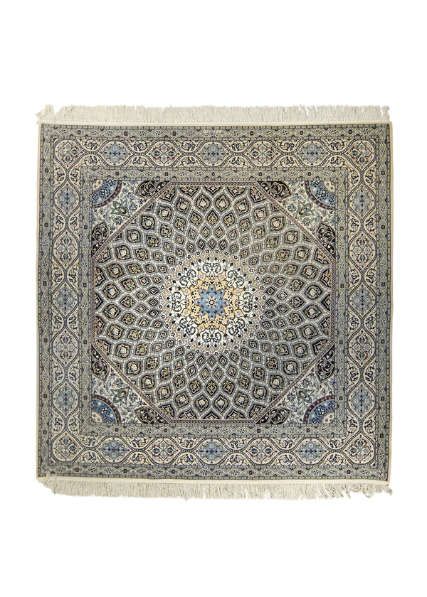 A35780 Persian Rug Nain Handmade Square Traditional 6'8'' x 6'9'' -7x7- Blue Whites Beige Gonbad Design