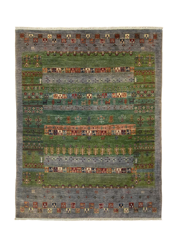A35783 Oriental Rug Pakistani Handmade Area Transitional Tribal 4'10'' x 6'7'' -5x7- Gray Green Geometric Khorjin Gabbeh Design