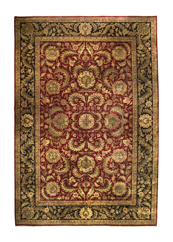 A35785 Oriental Rug Indian Handmade Area Traditional 12'3'' x 18'0'' -12x18- Red Green Black Tea Washed Floral Jaipur Design