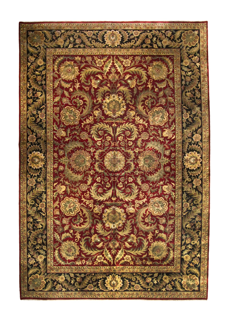 A35785 Oriental Rug Indian Handmade Area Traditional 12'3'' x 18'0'' -12x18- Red Green Black Tea Washed Floral Jaipur Design
