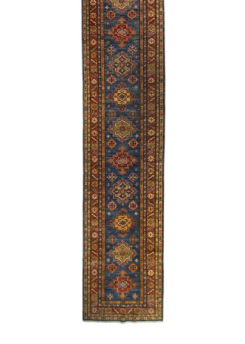 A35787 Oriental Rug Pakistani Handmade Runner Transitional Tribal 2'7'' x 18'3'' -3x18- Blue Red Yellow Gold Geometric Kazak Design