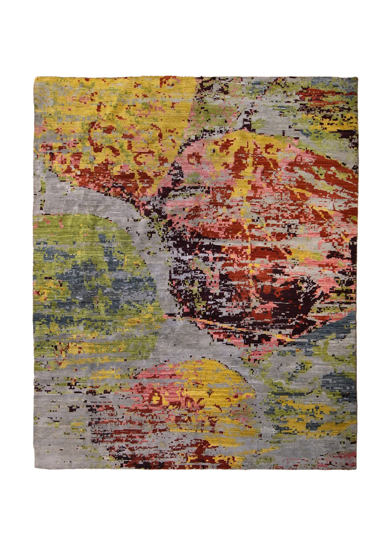 A35794 Oriental Rug Pakistani Handmade Area Modern 6'0'' x 7'4'' -6x7- Pink Gray Yellow Gold Abstract Splatter Design.jpg