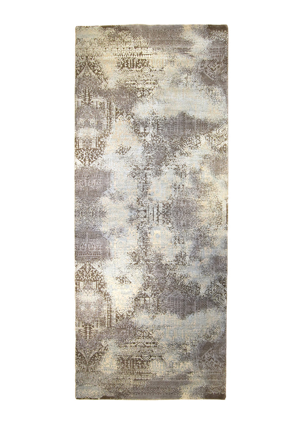 A35795 Oriental Rug Indian Handmade Area Modern Neutral 4'10'' x 11'11'' -5x12- Gray Abstract Erased Design