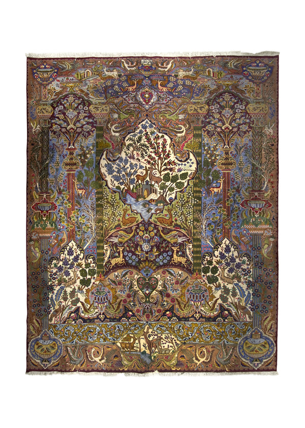 A35810 Persian Rug Moud Handmade Area Traditional 9'9'' x 12'4'' -10x12- Green Purple Multi-color Tree of Life Pictorial Vase Animals Design