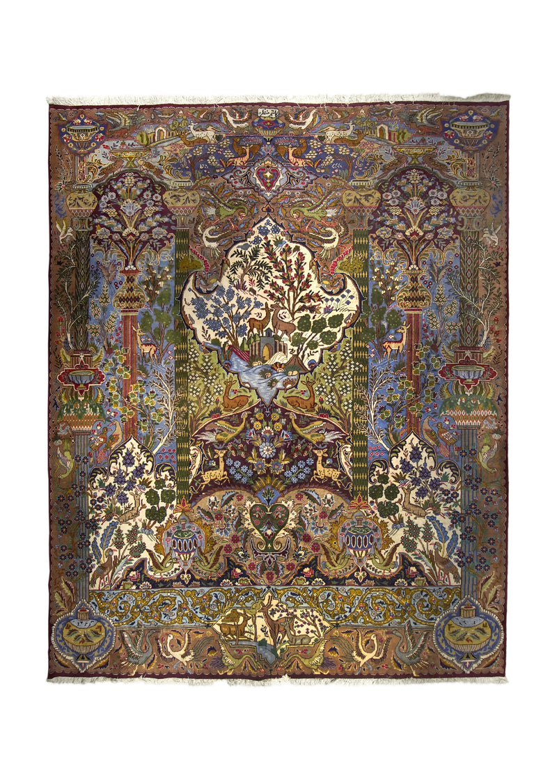A35810 Persian Rug Moud Handmade Area Traditional 9'9'' x 12'4'' -10x12- Green Purple Multi-color Tree of Life Pictorial Vase Animals Design