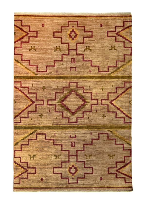A35811 Oriental Rug Pakistani Handmade Area Tribal 6'1'' x 8'9'' -6x9- Brown Red Green Geometric Southwest Navajo Design