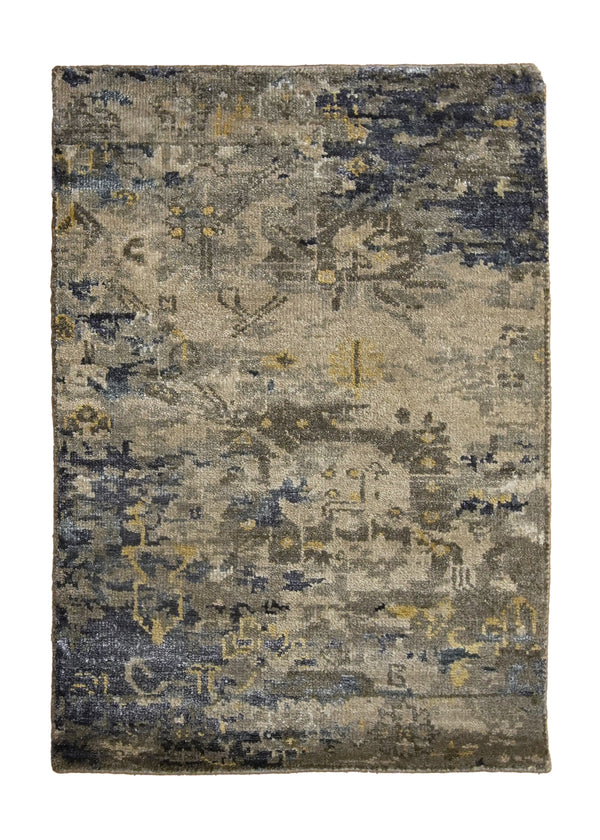 A35813 Oriental Rug Indian Handmade Area Transitional Neutral 2'0'' x 3'0'' -2x3- Whites Beige Blue Yellow Gold Geometric Design