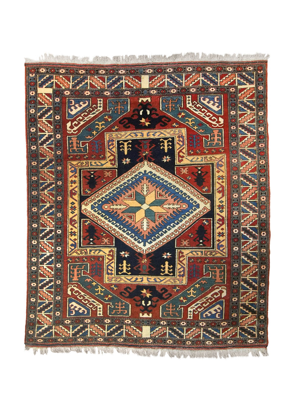 A35815 Oriental Rug Turkish Handmade Area Antique Tribal 5'2'' x 6'3'' -5x6- Red Green Yellow Gold Geometric Design