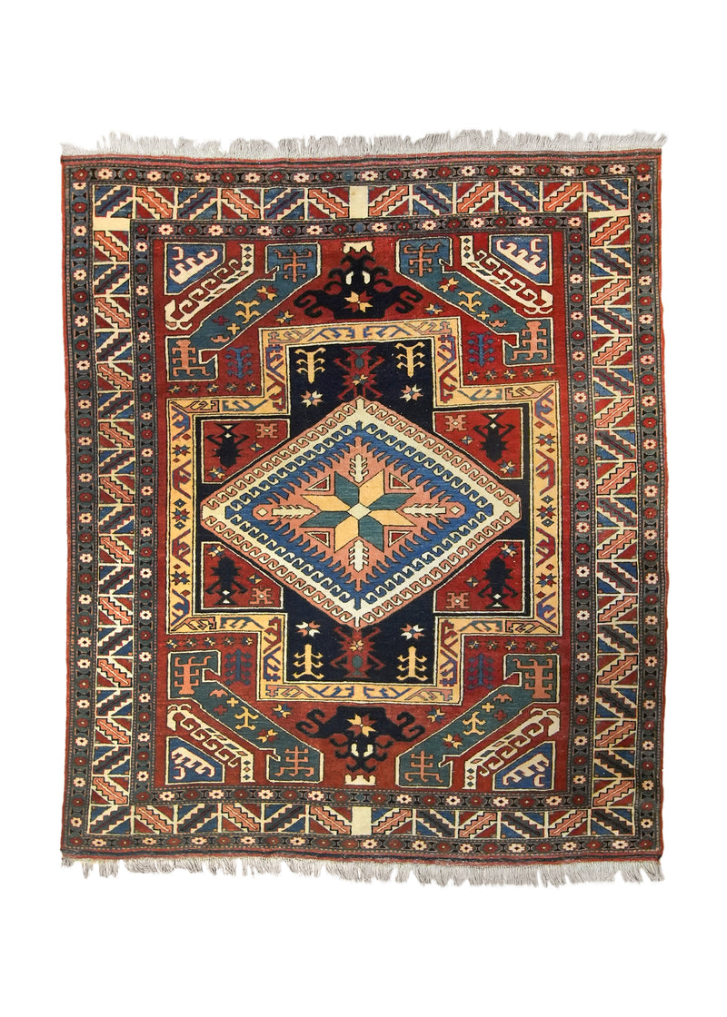 A35815 Oriental Rug Turkish Handmade Area Antique Tribal 5'2'' x 6'3'' -5x6- Red Green Yellow Gold Geometric Design