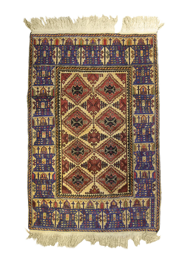 A35818 Oriental Rug Turkish Handmade Area Tribal 4'1'' x 6'1'' -4x6- Whites Beige Blue Red Geometric Design