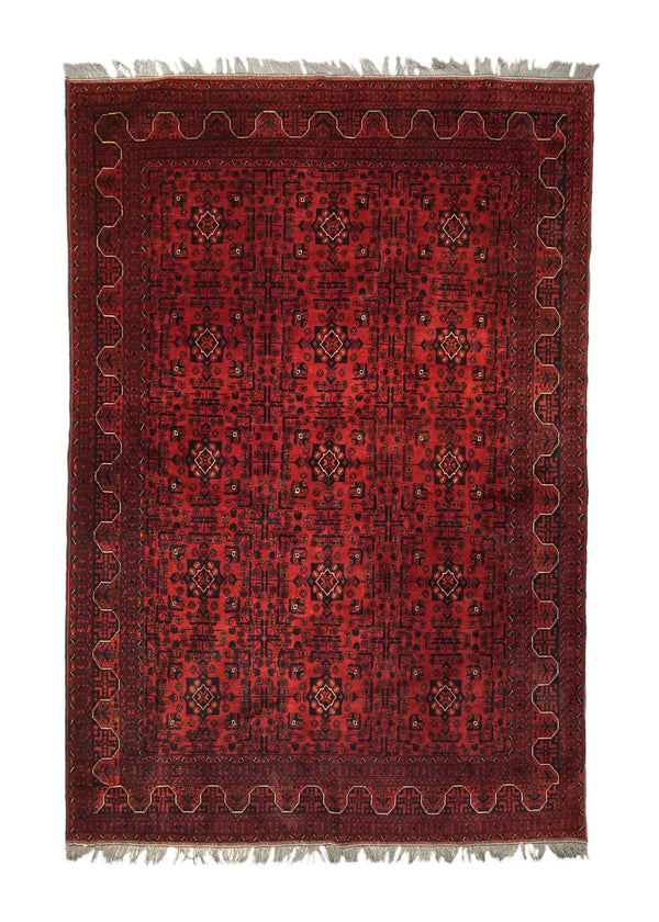 A35829 Oriental Rug Afghan Handmade Area Tribal 6'6'' x 9'4'' -7x9- Red Black Geometric Khal Mohammadi Design