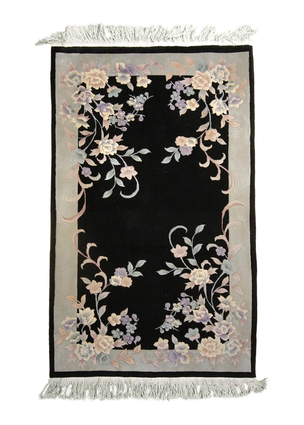 A35840 Oriental Rug Chinese Handmade Area Traditional 3'1'' x 4'10'' -3x5- Black Purple Floral Art Deco Design