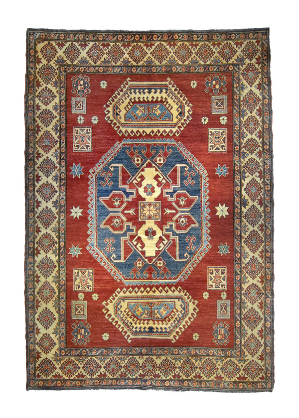 A35846 Oriental Rug Pakistani Handmade Area Transitional Tribal 7'4'' x 10'10'' -7x11- Red Blue Geometric Kazak Design