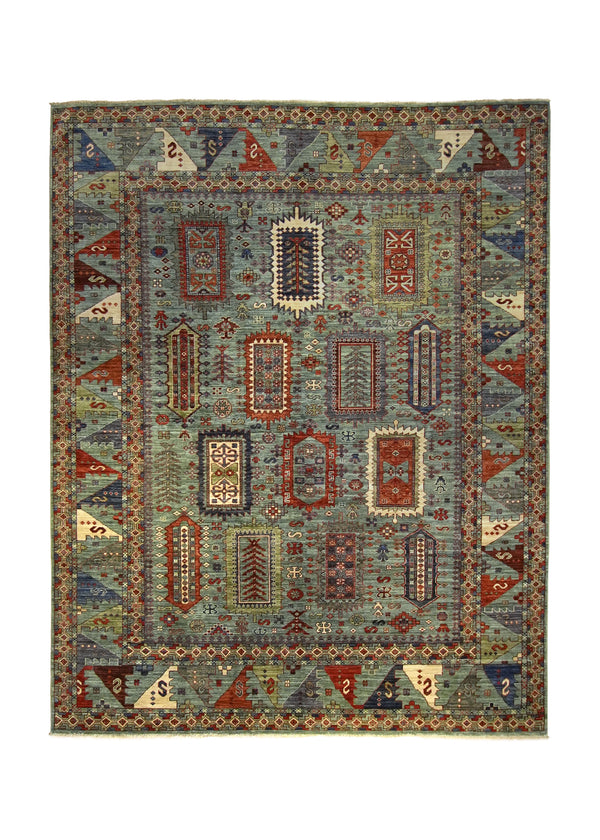 A35858 Oriental Rug Pakistani Handmade Area Transitional Tribal 8'2'' x 10'5'' -8x10- Green Geometric Ariana Khotan Design