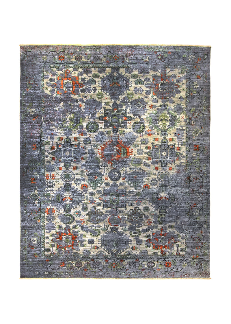 A35861 Oriental Rug Pakistani Handmade Area Transitional Tribal 8'1'' x 9'11'' -8x10- Blue Orange Abstract Ariana Erased Kazak Design