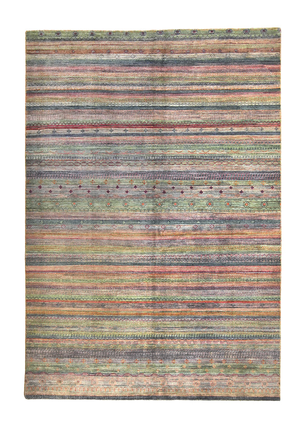A35862 Oriental Rug Pakistani Handmade Area Transitional Tribal 6'2'' x 9'0'' -6x9- Pink Green Multi-color Stripes Grass Gabbeh Design