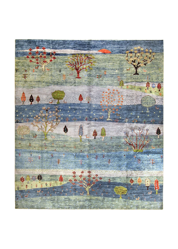 A35866 Oriental Rug Pakistani Handmade Area Transitional Tribal 8'3'' x 9'6'' -8x10- Blue Green Landscape Animals Gabbeh Design