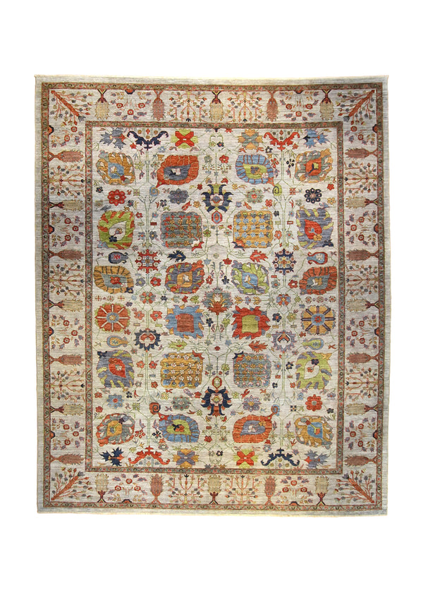 A35867 Oriental Rug Pakistani Handmade Area Transitional Tribal 10'2'' x 13'0'' -10x13- Whites Beige Green Floral Ariana Heriz Design