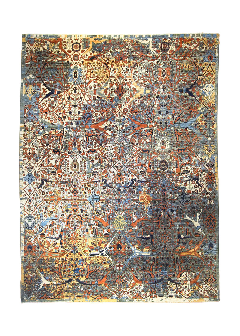 A35868 Oriental Rug Pakistani Handmade Area Transitional Tribal 9'0'' x 12'3'' -9x12- Orange Yellow Gold Blue Abstract Faryab Mostofi Design.jpg