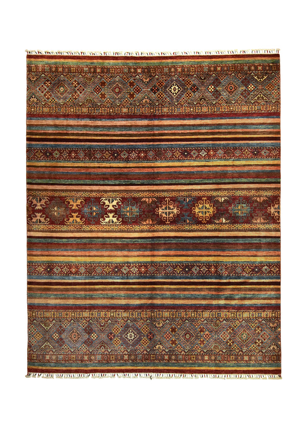A35869 Oriental Rug Pakistani Handmade Area Transitional Tribal 8'0'' x 9'11'' -8x10- Red Multi-color Stripes Southwest Khorjin Design.jpg
