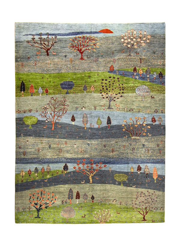 A35877 Oriental Rug Pakistani Handmade Area Transitional Tribal 8'9'' x 11'9'' -9x12- Blue Green Landscape Animals Gabbeh Design