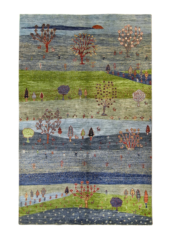 A35880 Oriental Rug Pakistani Handmade Area Transitional Tribal 4'12'' x 7'9'' -5x8- Blue Green Landscape Animals Gabbeh Design